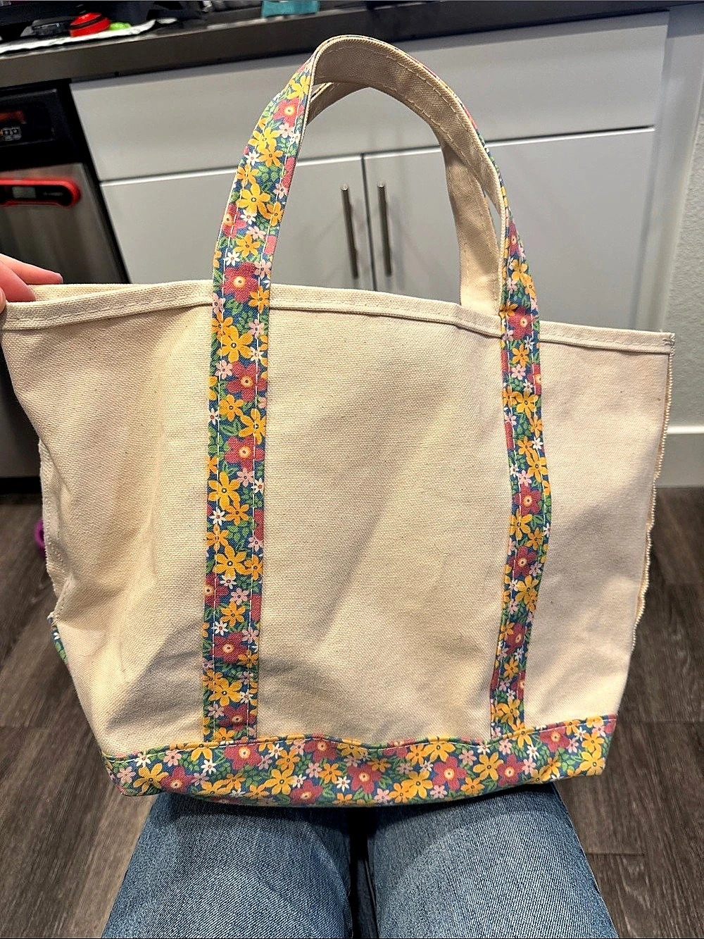 Vintage 1990s L.L.Bean Boat and Tote (Floral Trim) Canvas Tote Cream